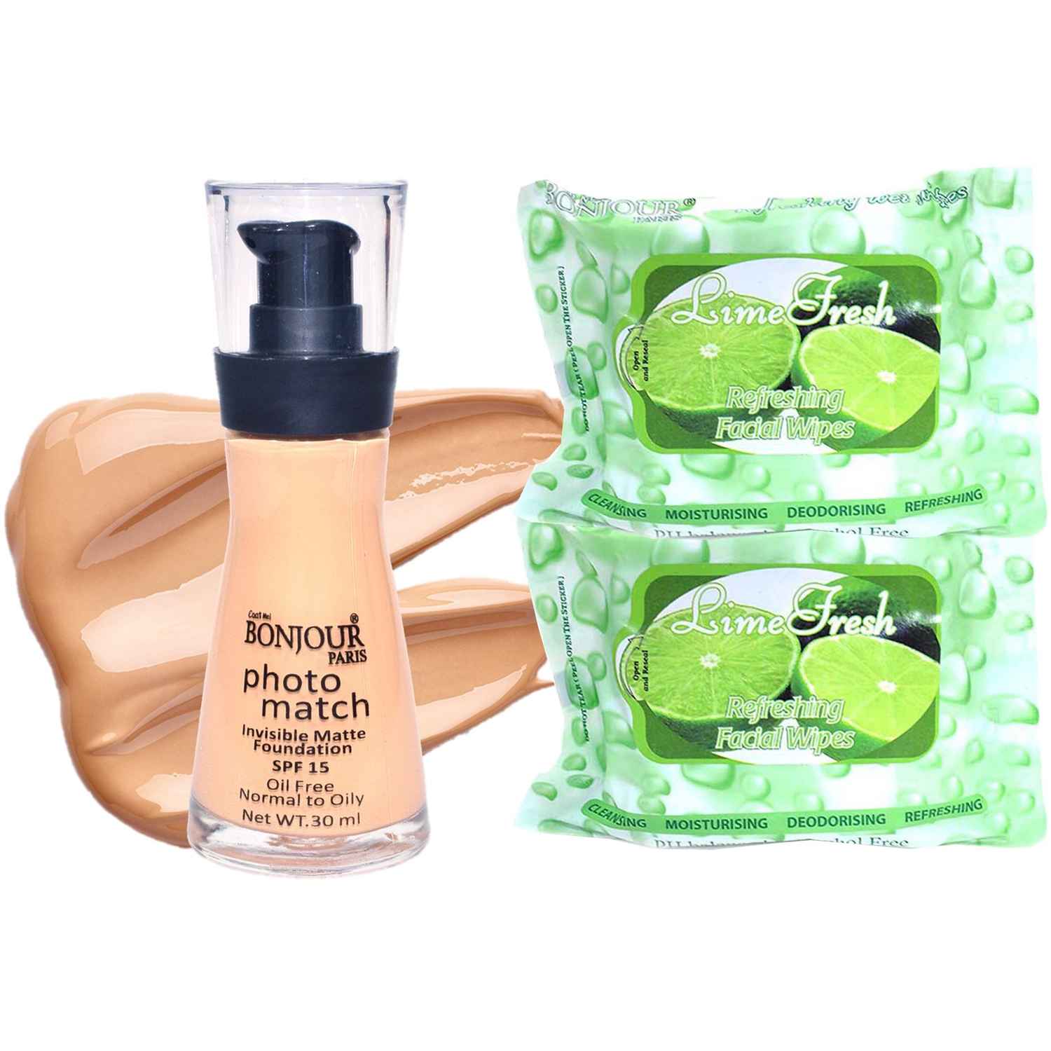 Buy Bonjour Paris Photo Match Invisible Matte Liquid Foundation (Rose Ivory) + Wet Facial Wipes (Lime Fresh Flavor)- Pack of 2 FPB04-02-WPB02-LM-2PC - Purplle