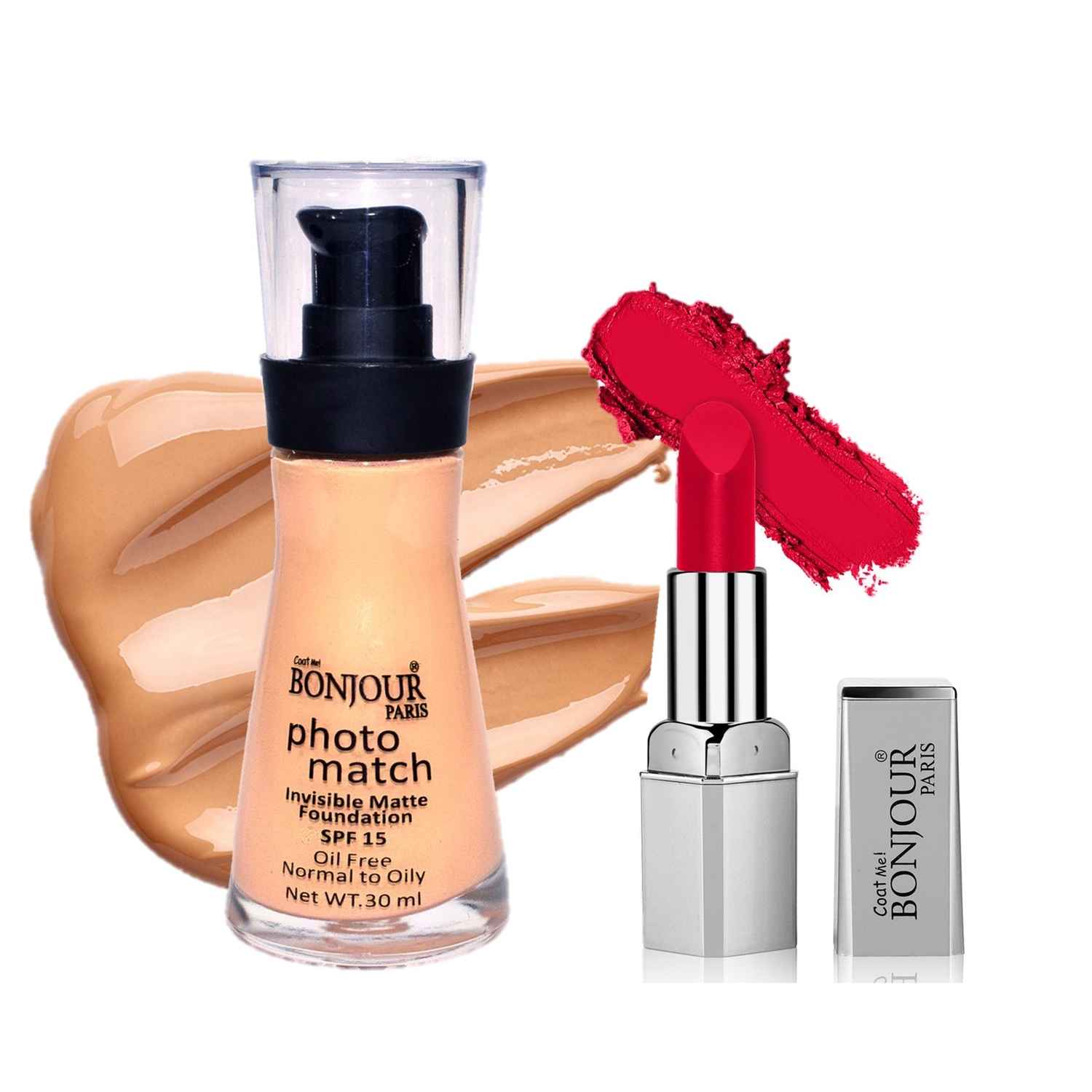 Buy Bonjour Paris Photo Match Invisible Matte Liquid Foundation(Natural Tan)+ Premium Creme Matte Lipstick (Pink) - Combo Offer _ FPB04-04-LSB14-02 - Purplle