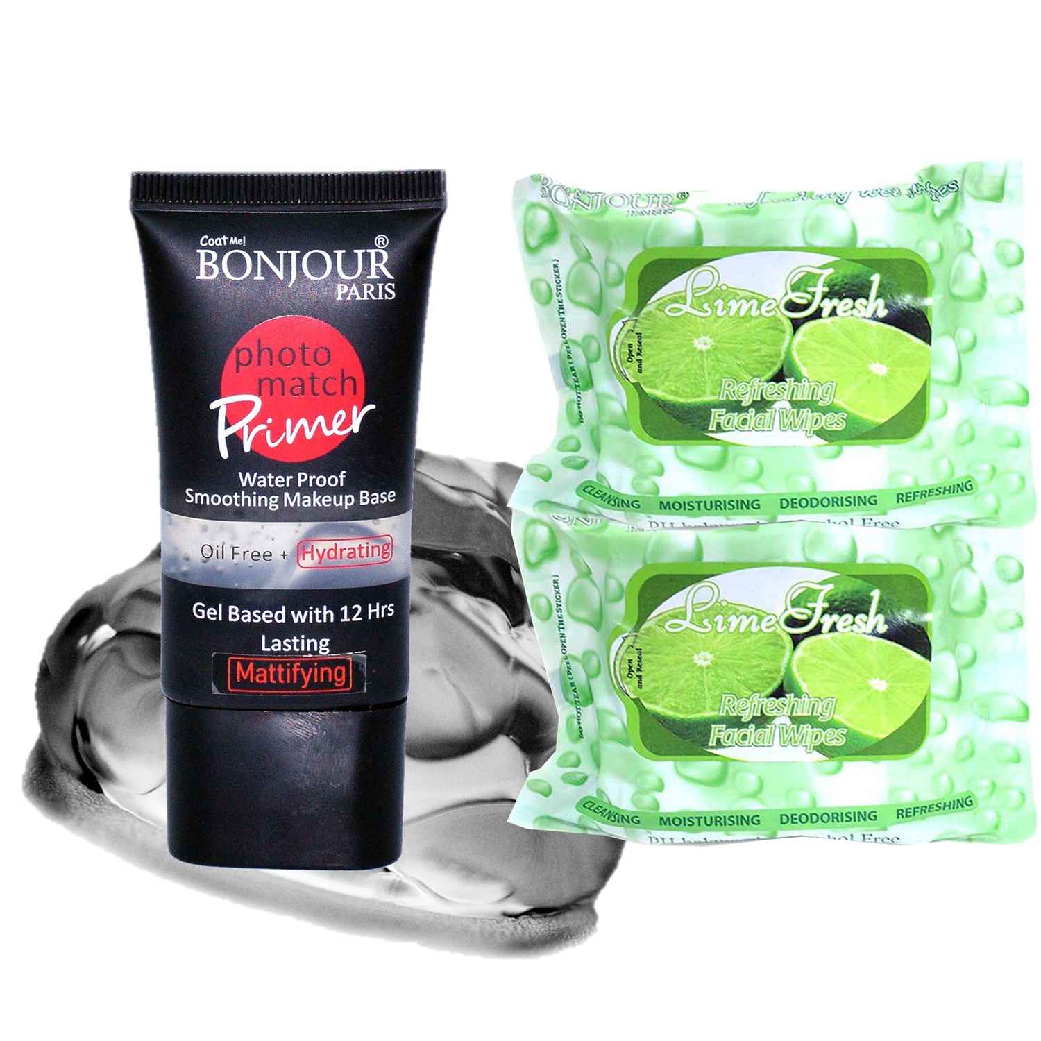 Buy Bonjour Paris Photo Match Mattifying Silicon Gel Primer (Transparent) + Wet Facial Wipes (Lime Fresh Flavor)- Pack of 2 PRB01-01-WPB02-LM-2PC - Purplle