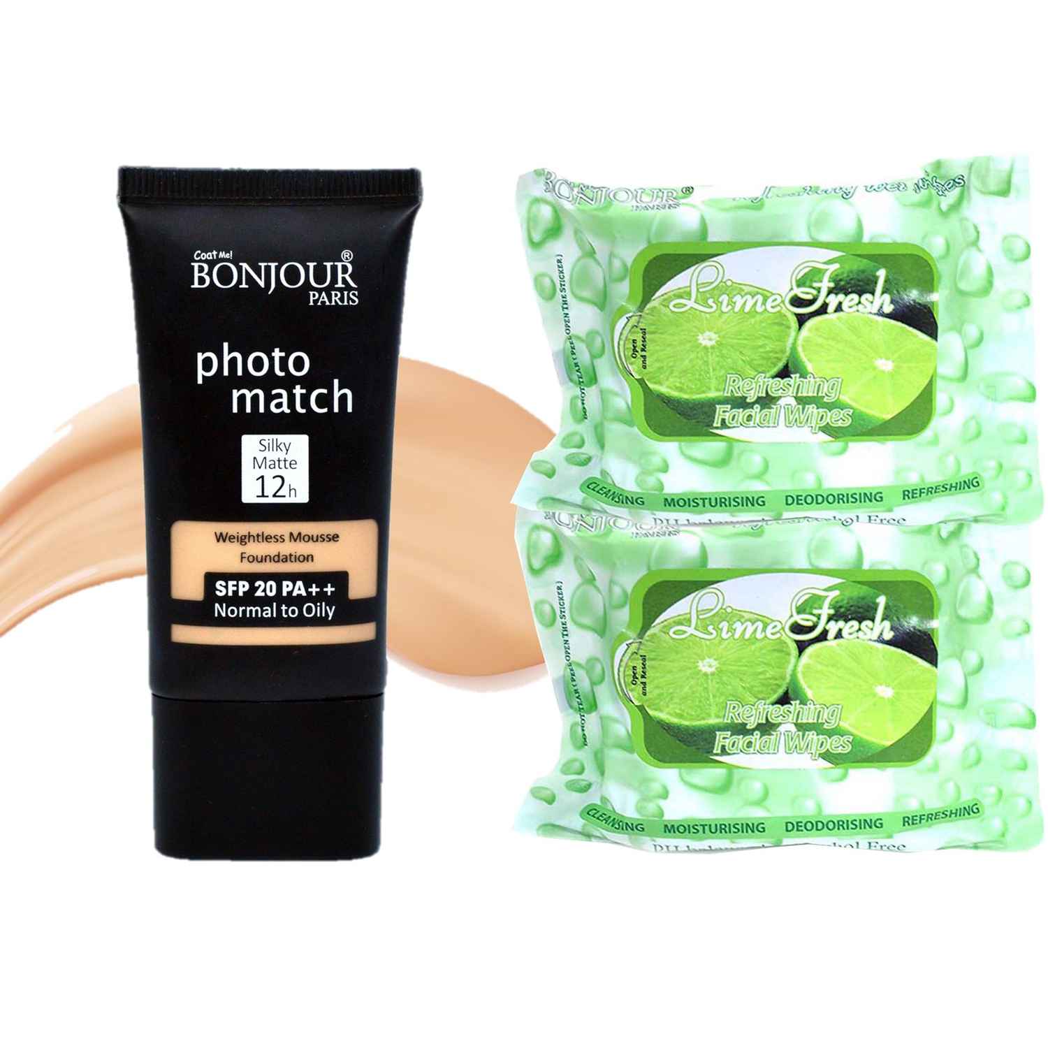 Buy Bonjour Paris Photo Match Mousse Foundation (Natural Fair) + Wet Facial Wipes (Lime Fresh Flavor)- Pack of 2 FTB02-01-WPB02-LM-2PC - Purplle