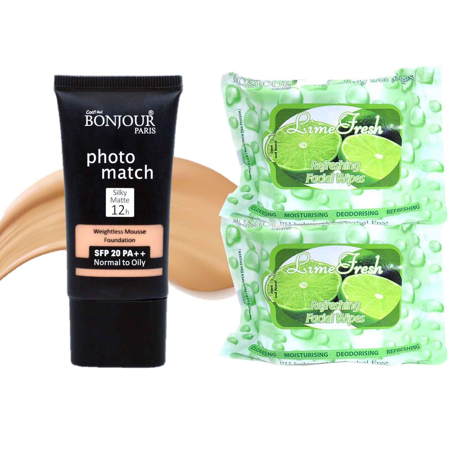 Buy Bonjour Paris Photo Match Mousse Foundation (Warm Nude) + Wet Facial Wipes (Lime Fresh Flavor)- Pack of 2 FTB02-06-WPB02-LM-2PC - Purplle