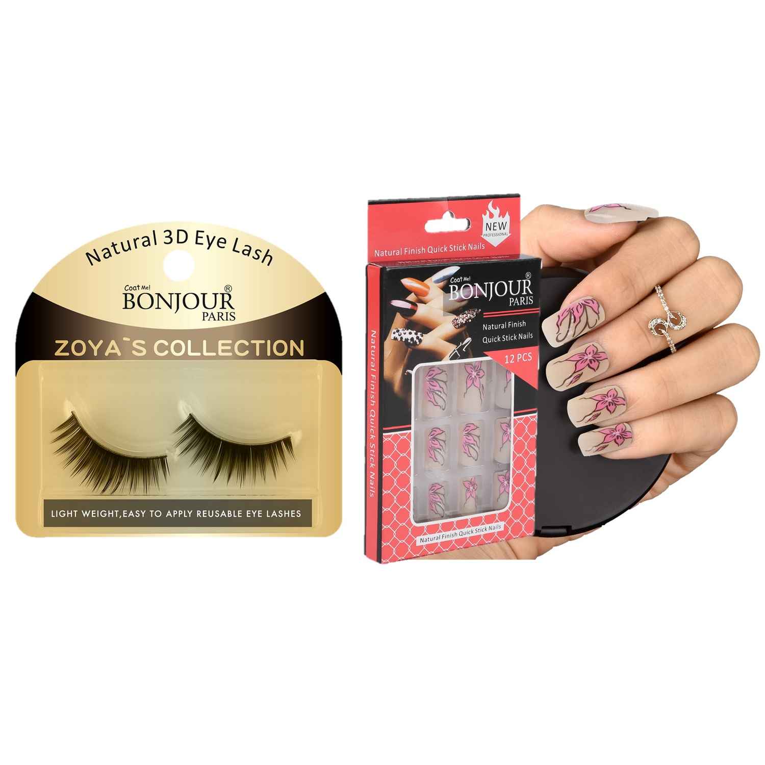 Buy Bonjour Paris 3D Synthetic False Eye Lashes + False Nail Set with Glue - Combo Offer FEL06-ANB18 - Purplle