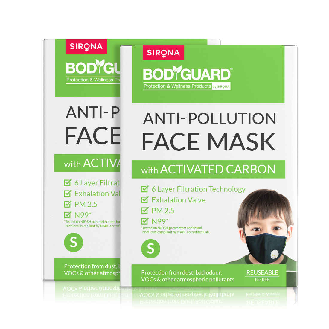 Buy BodyGuard Reusable Anti Pollution Face Mask with Activated Carbon, N99 + PM2.5 for Kids - Pack of 2 - Purplle