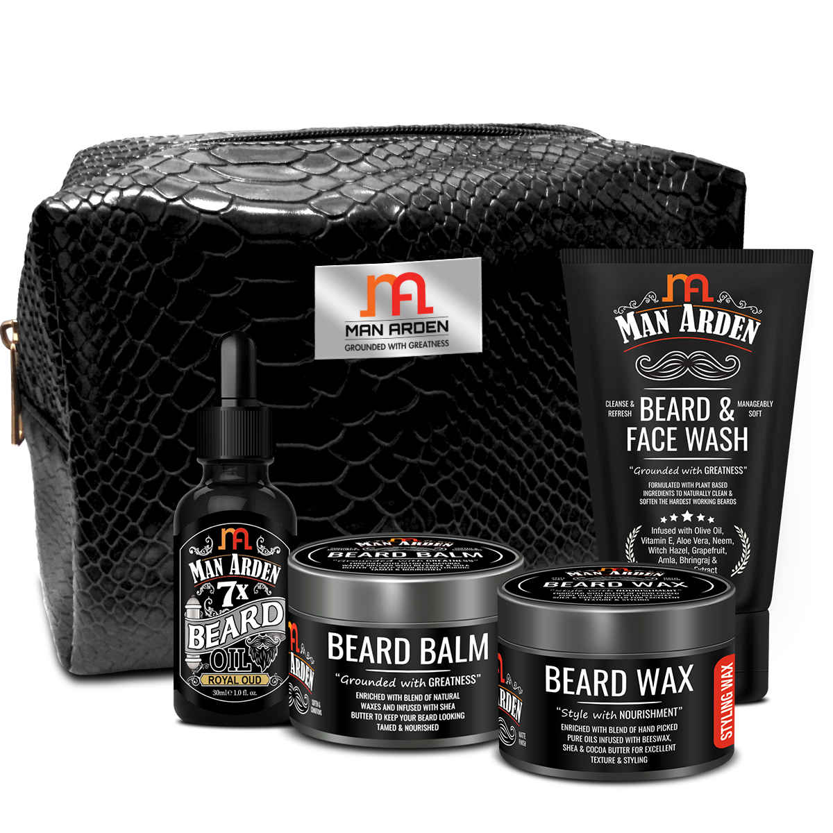 Buy Man Arden The Dapper Dude Combo | Beard Oil Royal Oud 30ml + Beard Balm 50g + Beard Wax 50g + Beard & Face Wash 100ml With Pouch - Purplle