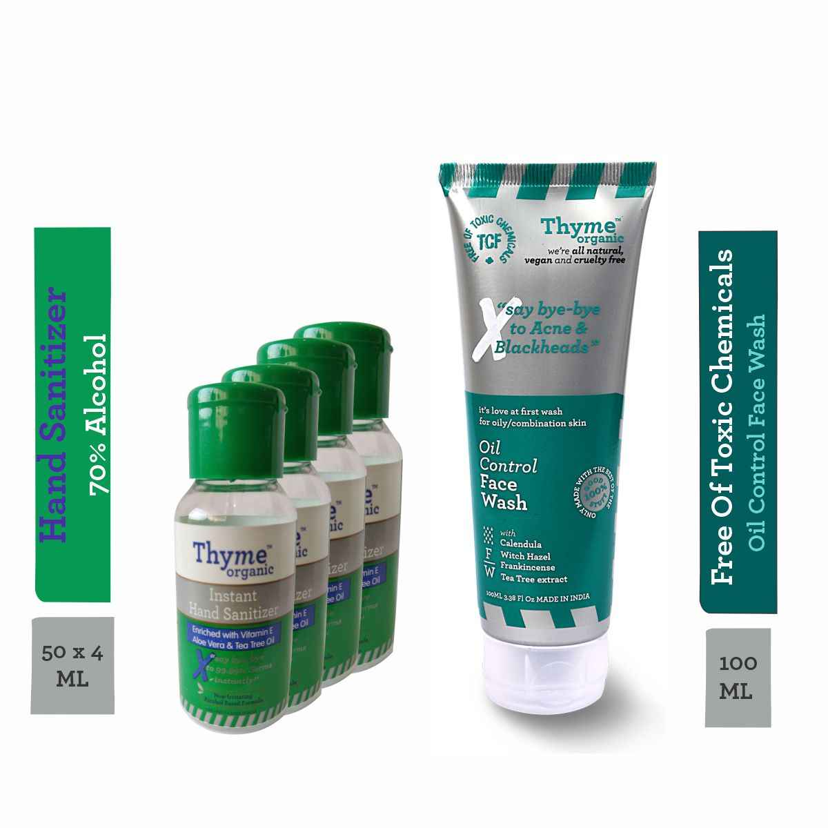 Buy Thyme Organic Instant Hand Sanitizer with 70% Alcohol, Vitamin E, Aloe Vera & Tree Tea Oil - 50 ml ( Pack of 4) + Thyme Organic Oil Control Face Wash for Acne Control- 100% Toxic Chemical Free - Purplle