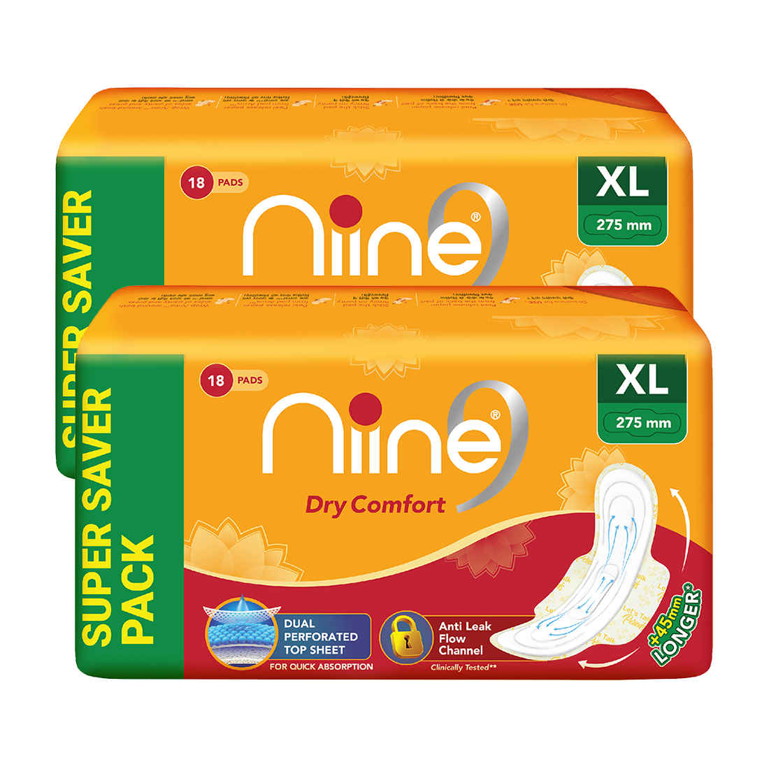 Buy NIINE Dry Comfort Extra Long Sanitary Pads for women with Anti Leak Flow Channel Technology (Pack of 2), 36 Pads Count (Super Saver Pack) - Purplle