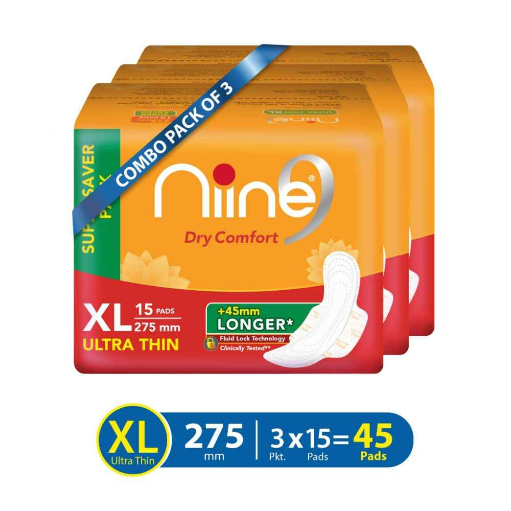 Buy NIINE Dry Comfort Ultra Thin XL Sanitary Pads for women with Fluid Lock Gel Technology (Pack of 3), 45 Pads Count (Super Saver Pack) - Purplle