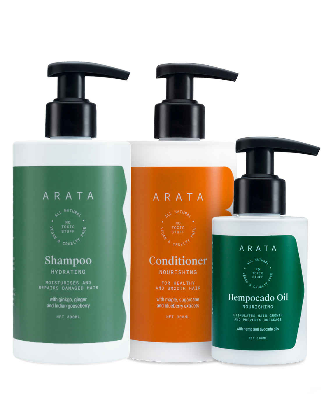 Buy Arata Natural Daily Therapy combo for Men & Women with Hydrating Shampoo,Hempocado Oil & Hair Conditioner || All Natural,Vegan & Cruelty Free || Plant Based,Non-Toxic Daily Scalp Therapy 300 ml + 300 ml + 100 ml - Purplle