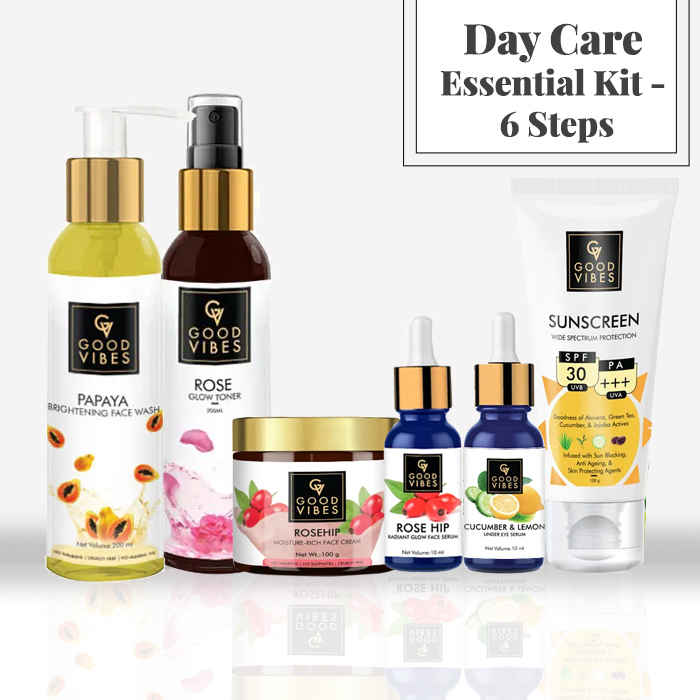 Buy Good Vibes Day Care Essential Kit - 6 Steps (Face Wash + Toner + Face Serum + Eye Serum + Face Cream + Sunscreen) - Purplle