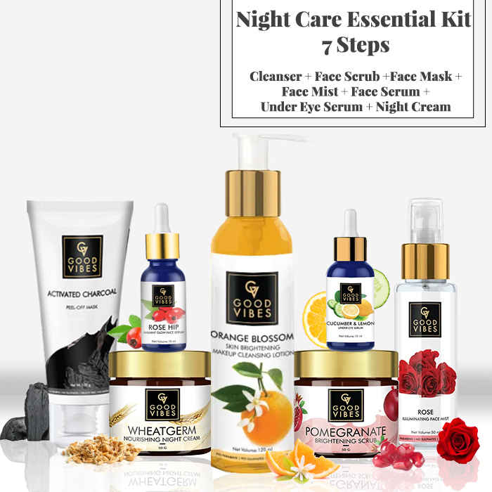 Buy Good Vibes Night Care Essential Kit - 7 Steps (Cleanser + Face Scrub + Face Mask + Face Mist + Face Serum + Under Eye Serum + Night Cream) - Purplle