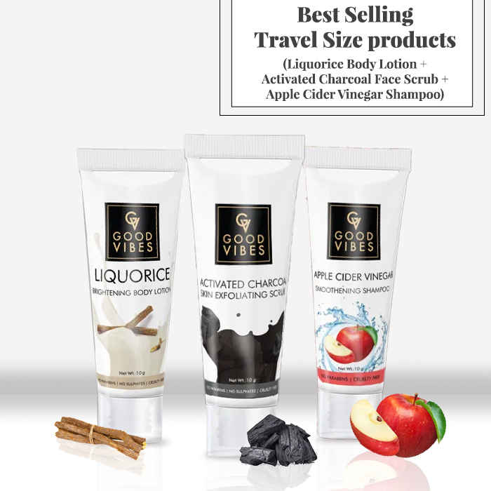 Buy Best Selling Travel Size products (Liquorice Body Lotion + Activated Charcoal Face Scrub + Apple Cider Vinegar Shampoo) - Purplle