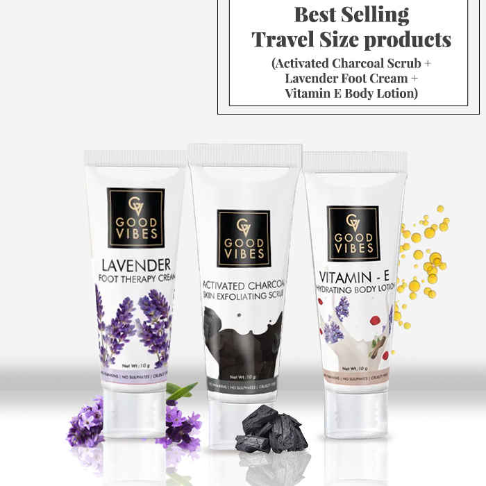 Buy Best Selling Travel Size products (Activated Charcoal Scrub + Lavender Foot Cream + Vitamin E Body Lotion) - Purplle
