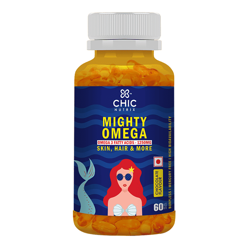 Buy Chicnutrix Mighty Omega - Omega 3 Fatty Acids - 1250 mg for Skin, Hair & More - 60 Softgel Capsules - Chocolate Flavour - Purplle