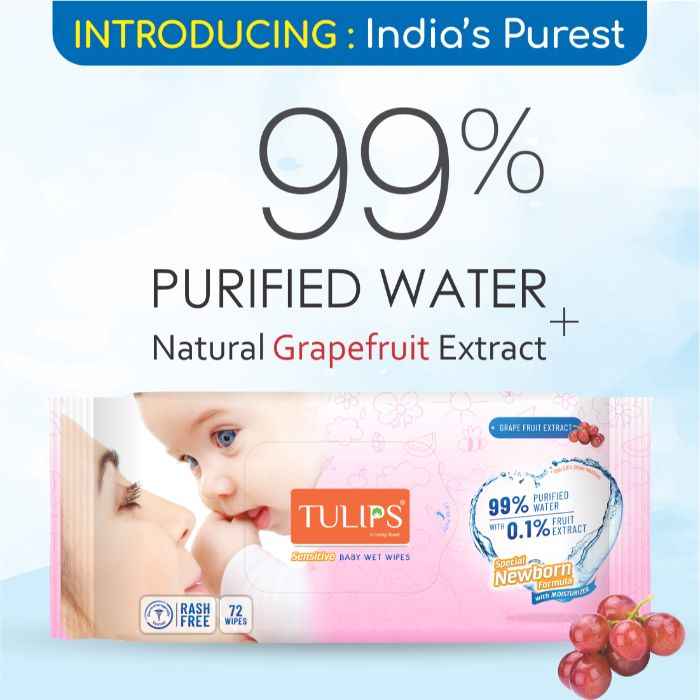 Buy Tulips Sensitive Baby Wet Wipes for Gentle Cleaning/Moisturising, 100% RASH FREE (72 Wipes x 2 Pack) - Purplle