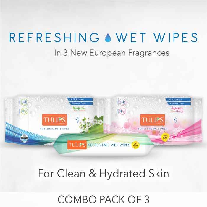 Buy Tulip Refreshing Wet Wipes with 2 any Different Fragrances Japanese Cherry, Magnolia & Summer Fresh (Pack of 2 x 20 Wipes) - Purplle