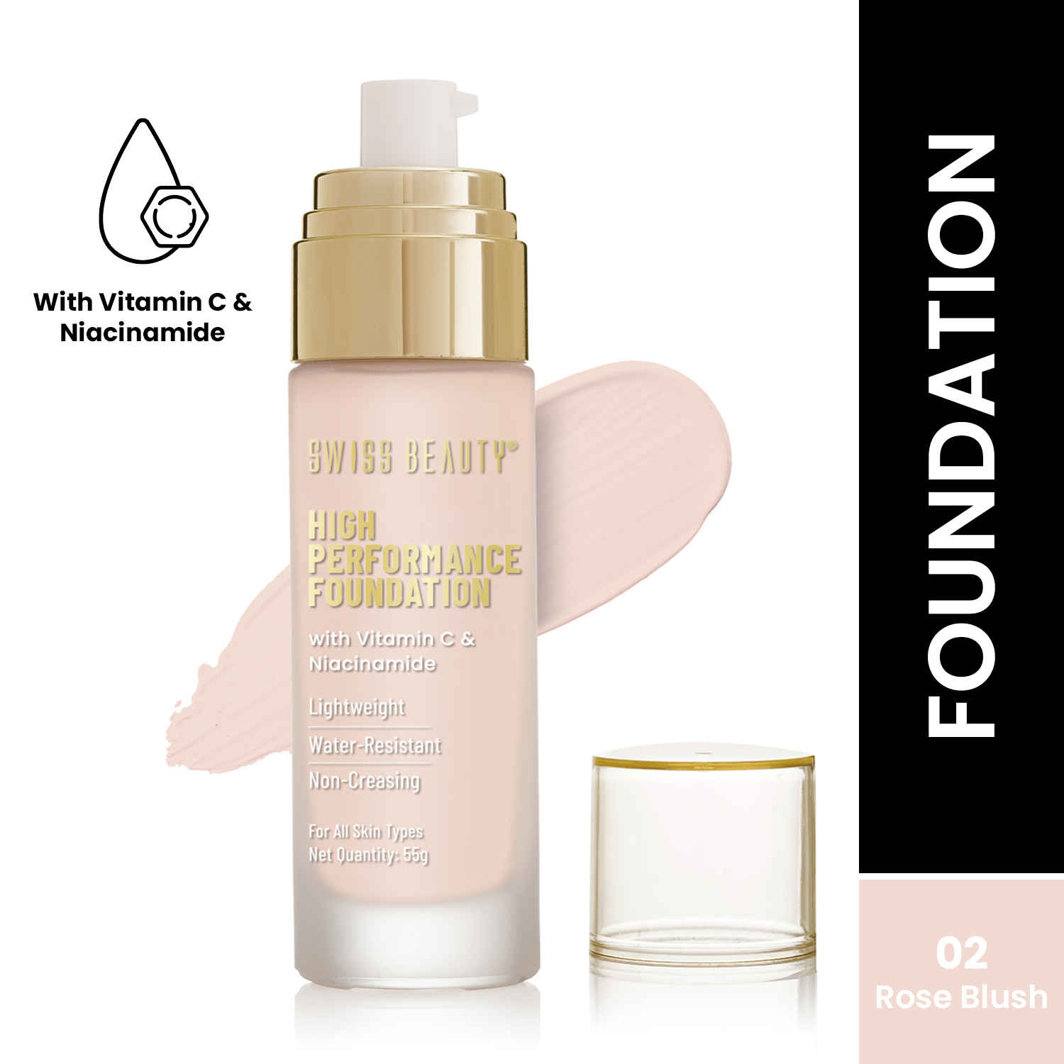 Buy Swiss Beauty High Performance Foundation | Water-Resistant | Medium to Buildable Coverage | Lightweight | Easy to Blend | With Vitamin C & Niacinamide|Rose-Blush 55 gm - Purplle