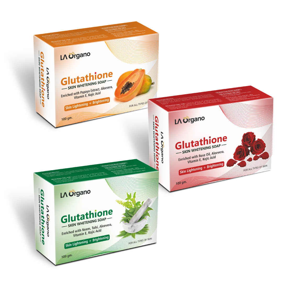 Buy LA Organo Glutathione Soap for Skin WhiteningGlutathione Papaya Soap + Glutathione Rose Face Whitening Soap + Glutathione Tulsi Neem Soap - Lightening and Brightening,100g each (Pack of 3) - Purplle