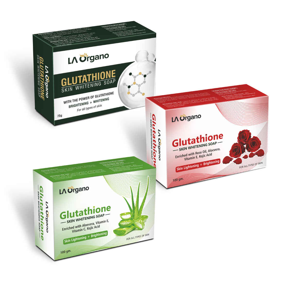 Buy LA Organo Skin Whitening Soaps – Glutathione Skin Whitening Soap for Dark Skin + Glutathione Rose Soap for Face Whitening + Glutathione Aloe Vera Skin Lightening and Brightening,100g each (Pack of 3),100g each (Pack of 3) - Purplle