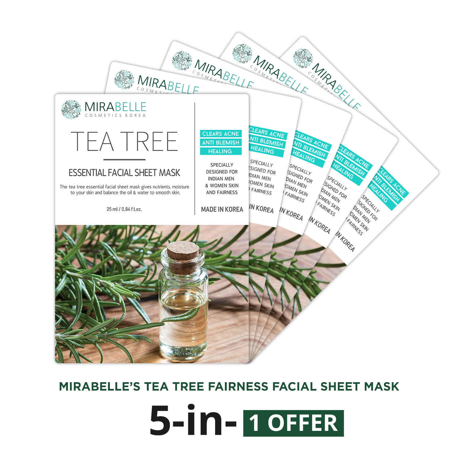 Buy Mirabelle Korea Tea Tree Essential Facial Sheet Mask (A Pack Of 5) (25 ml) - Purplle