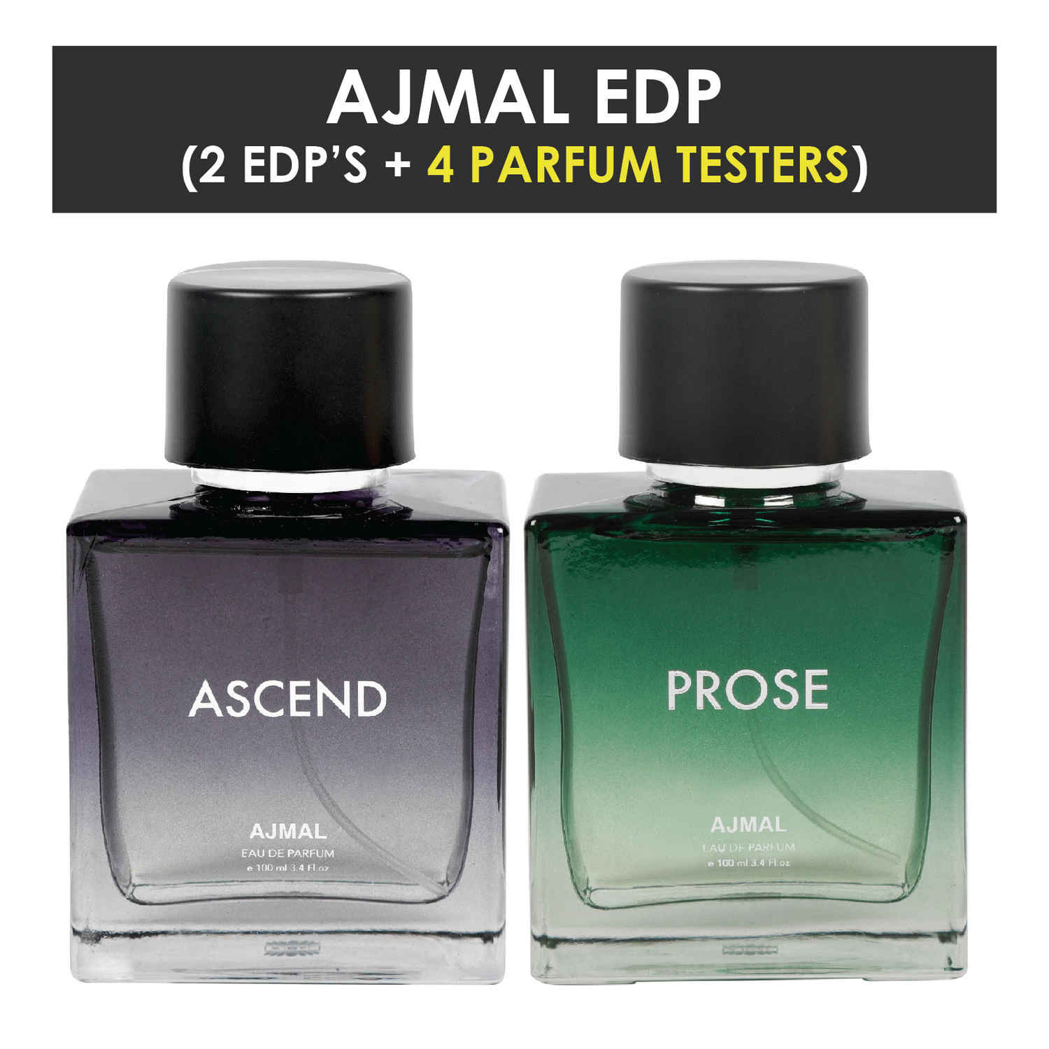 Buy Ajmal Ascend for Men and Women & Prose for Men EDP Combo pack of 2 each 100ml (Total 200ML) + 4 Parfum Testers - Purplle