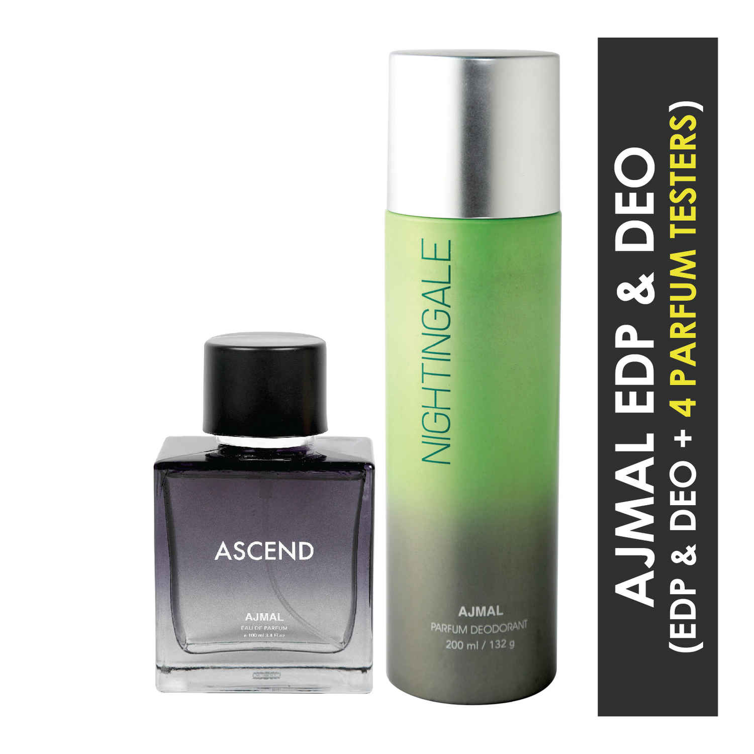 Buy Ajmal Ascend EDP 100ml & Nightingale High Quality Deodorant 200ml for Men & Women Combo pack of 2 (Total 300ml) + 4 Parfum Testers - Purplle