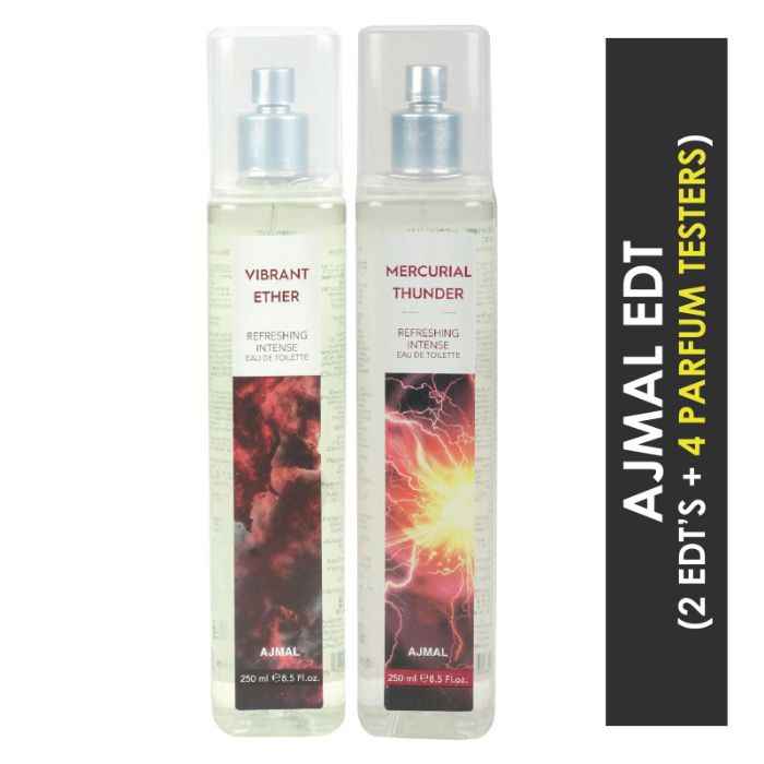 Buy Ajmal Vibrant Ether & Mercurial Thunder EDT Combo pack of 2 each (250 ml) (Total 500 ml) for Men & Women + 4 Parfum Testers - Purplle