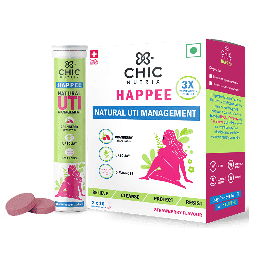 Buy Chicnutrix Happee - Natural UTI Management - Cranberry (50% PACS), Ursolia, D-Mannose - 20 Effervescent Tablets - Strawberry Flavour - Purplle