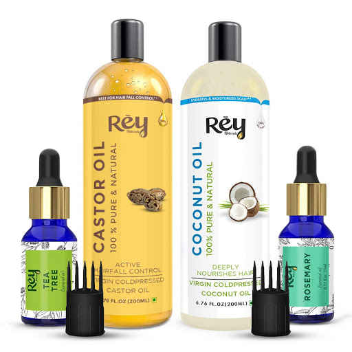 Buy Rey Naturals® Hair Oils Combo/Hair Care Kit (Castor Oil + Coconut Oil + Tea Tree Oil + Rosemary Oil) Controls Hairfall - For Healthy Hair - No Mineral Oil, Silicones & Synthetic Fragrance - Purplle
