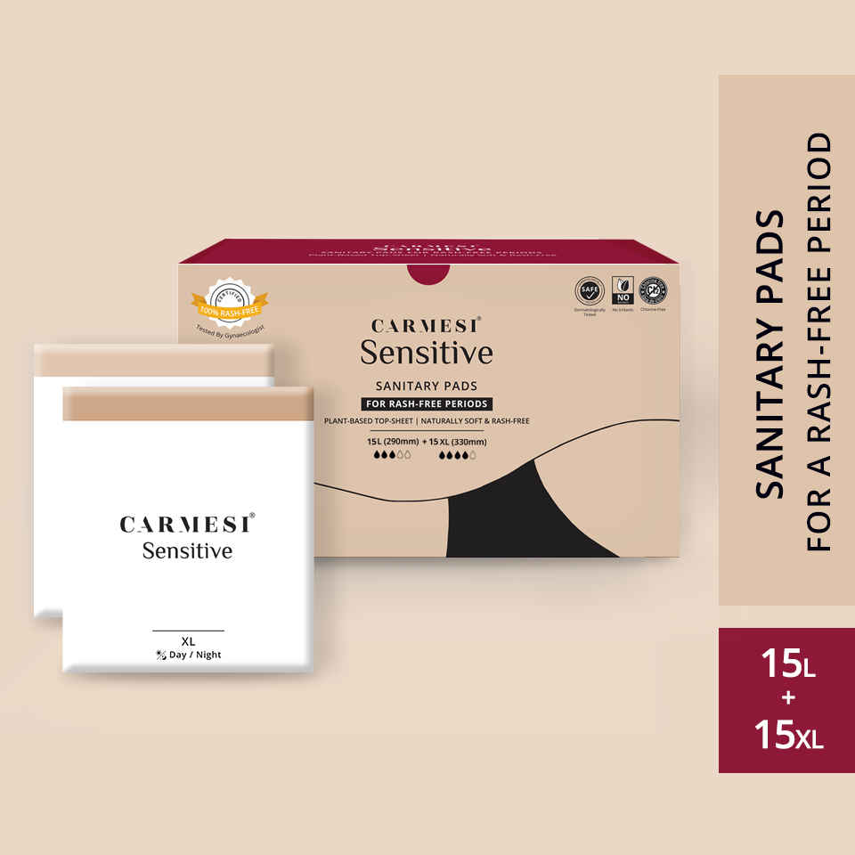 Buy Carmesi Sensitive - Sanitary Pads for Rash-Free Periods (15 L + 15 XL) - Purplle