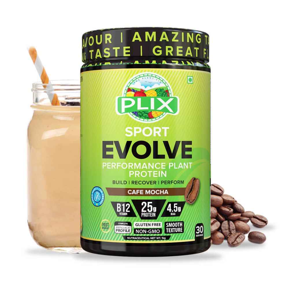 Buy PLIX EVOLVE Performance Plant Protein Powder For Muscle Gain And Recovery | Cafe Mocha 1Kg Pack | Vegan Protein Drink With B12 Vitamin - Purplle
