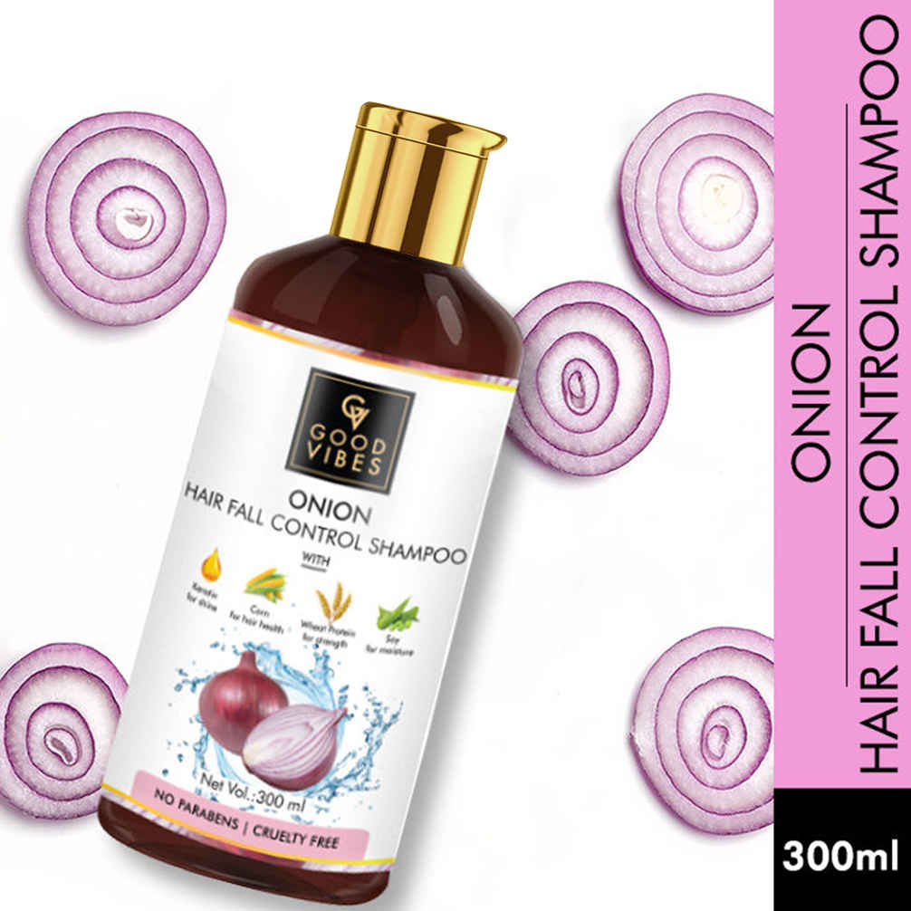 Buy Good Vibes Onion Hairfall Control Shampoo with Keratin, Corn, Wheat Protein & Soy | Strengthening | No Parabens, No Animal Testing (300 ml) - Purplle