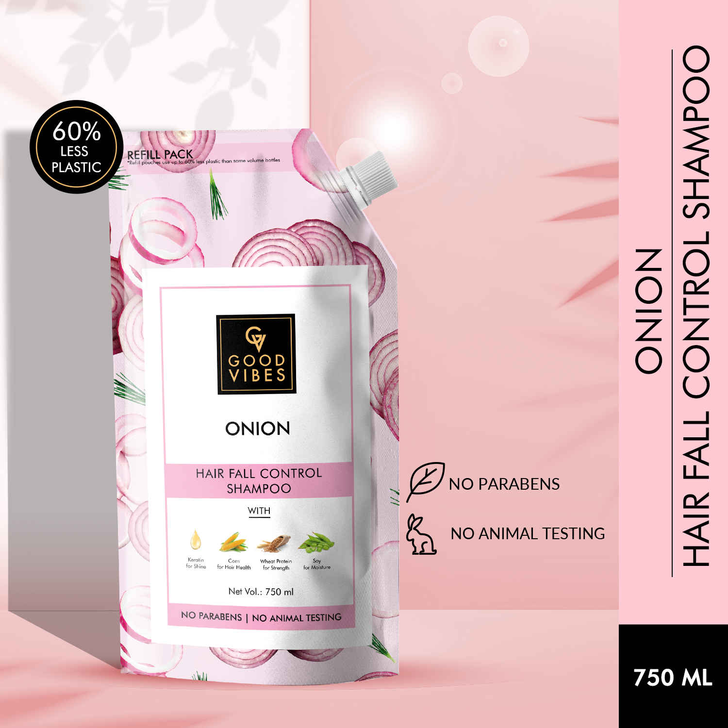 Buy Good Vibes Onion Hairfall Control Shampoo With Keratin, Corn, Wheat Protein & Soy | Strengthening | No Parabens , No Animal Testing (750 ml) - Purplle