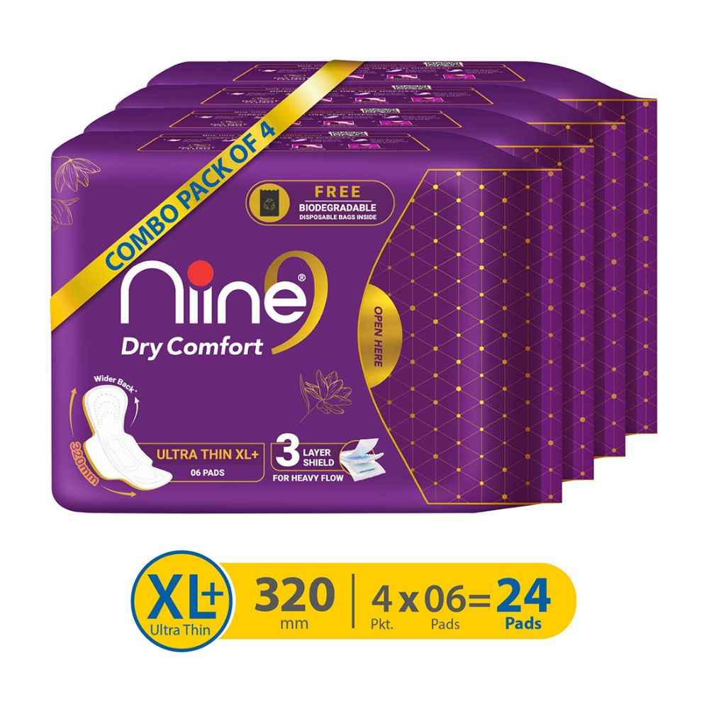 Buy Niine Dry Comfort Ultra Thin XL+ Sanitary Napkins for women, With Biodegradable disposable bags inside (Pack of 4), 24 Pads Count - Purplle