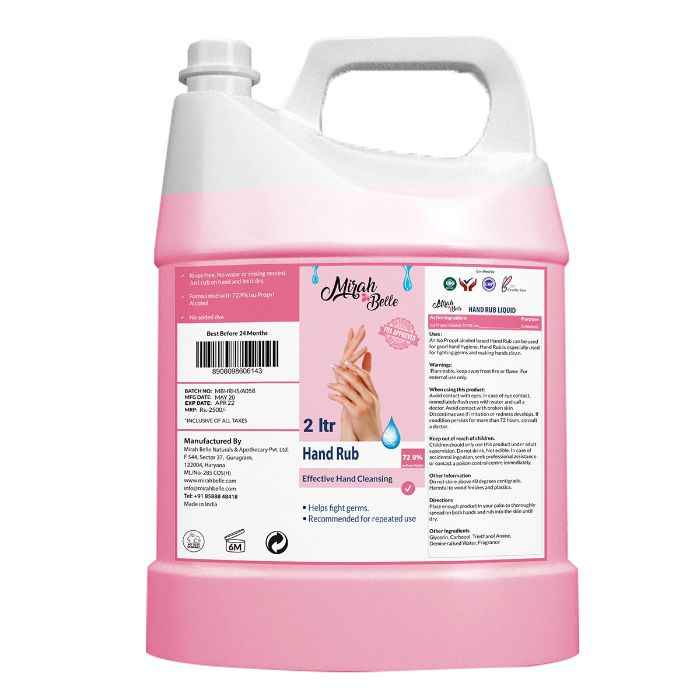 Buy Mirah Belle Hand Rub Sanitizer Liquid (2 Ltrs) Can Vegan, Cruelty Free Best for Men, Women and Children Sulfate and Paraben Free Hand Cleanser Refill Pack 2000 ML - Purplle