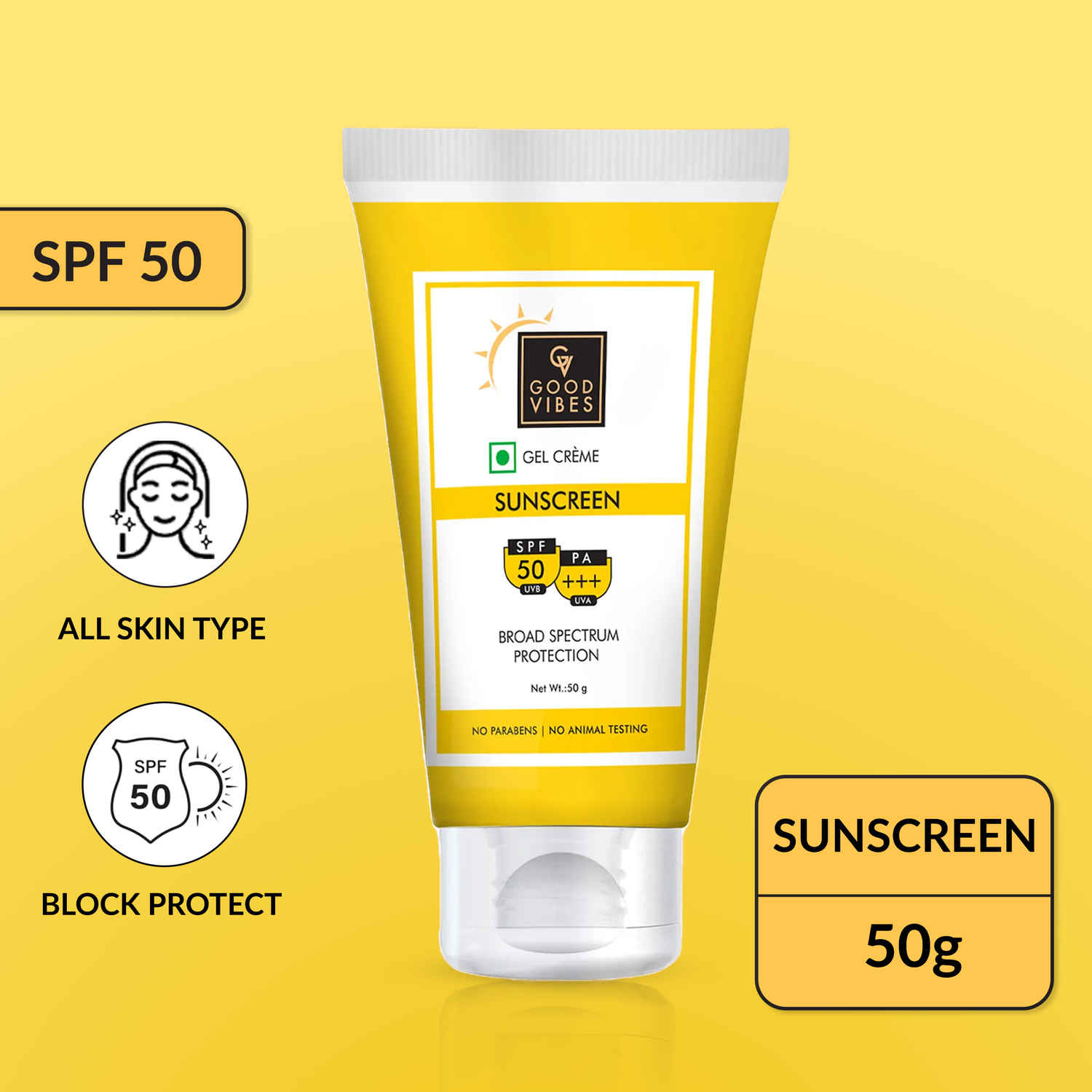 Buy Good Vibes UVA & UVB Protection SPF 50 PA+++ Broad Spectrum Gel Creme | Water Resistant, Anti-Ageing | No Parabens, No Animal Testing (50 g) - Purplle