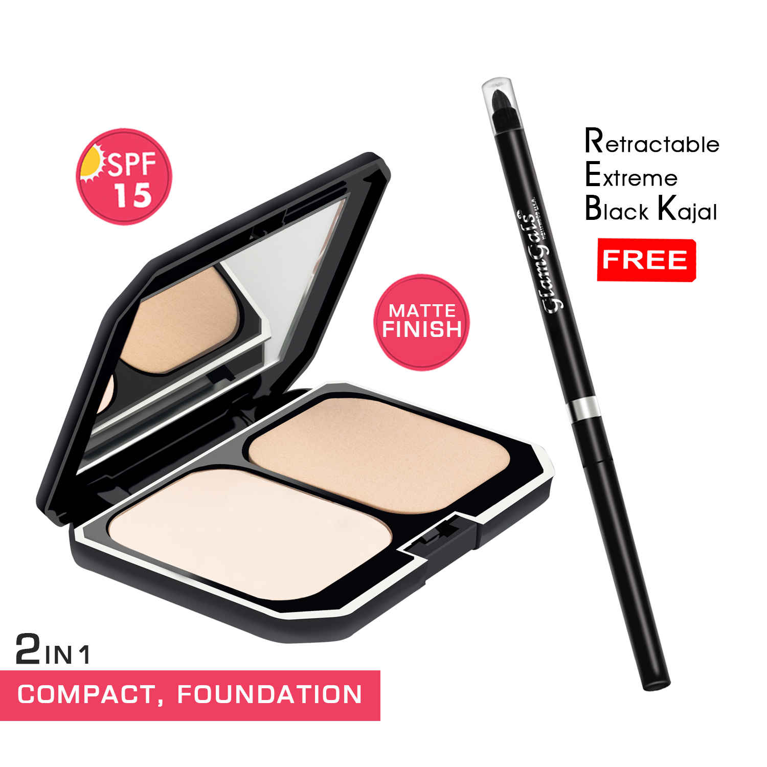 Buy Buy Glamgals 2 In1 Two Way Cake Compact Makeup + Foundation SPF 15,(10 g) (Ivory) & Get Retractable Black Kajal Free "- 2WC01-KP01 - Purplle