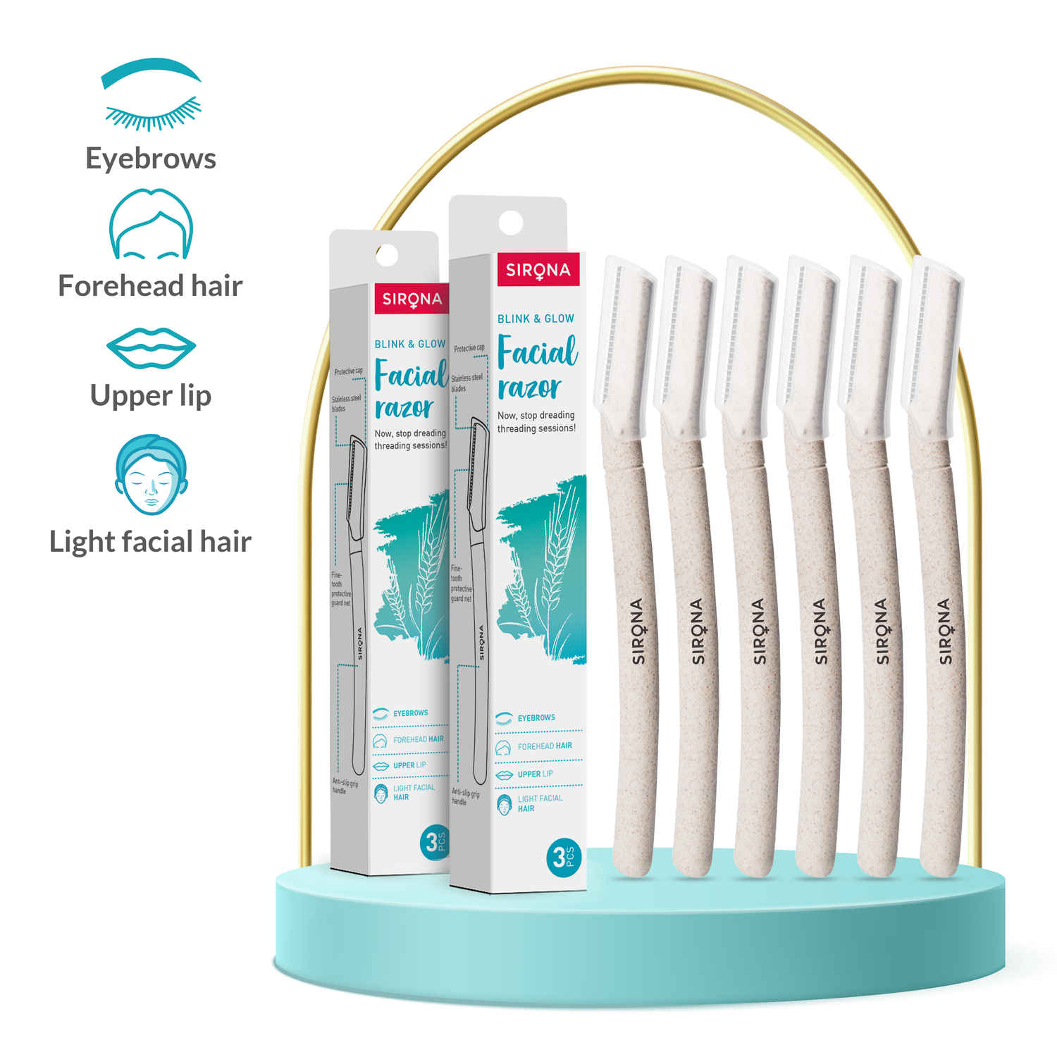 Buy Sirona Blink and Glow Face Razor for Women | Facial & Upper Lips Hair Removal, Eyebrow Shaper & Dermaplaning Tool - 3 Pieces (Pack of 2) - Purplle