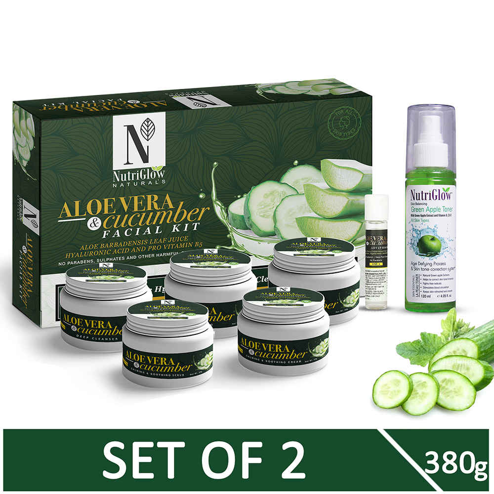 Buy NutriGlow NATURAL'S Aloe Vera & Cucumber Facial Kit (260 gm) & Green Apple Toner (120 ml) For Skin Tone Correction - Purplle