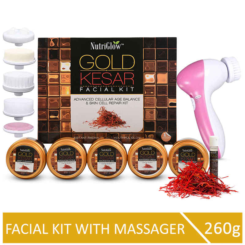 Buy NutriGlow Gold Kesar Facial Kit For Instant Radiant Shine (260 gm) With 5-in-1 Face Massager - Purplle