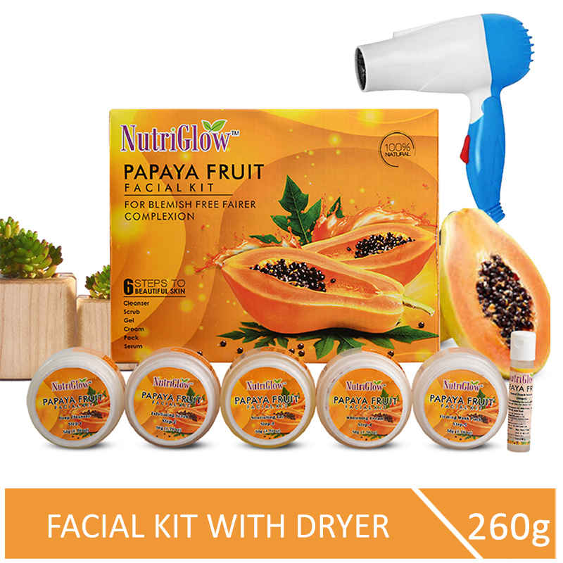 Buy NutriGlow Papaya Fruit Facial Kit For Blemish Free Fairer Complexion (260 gm) With Blue Hair Dryer - Purplle