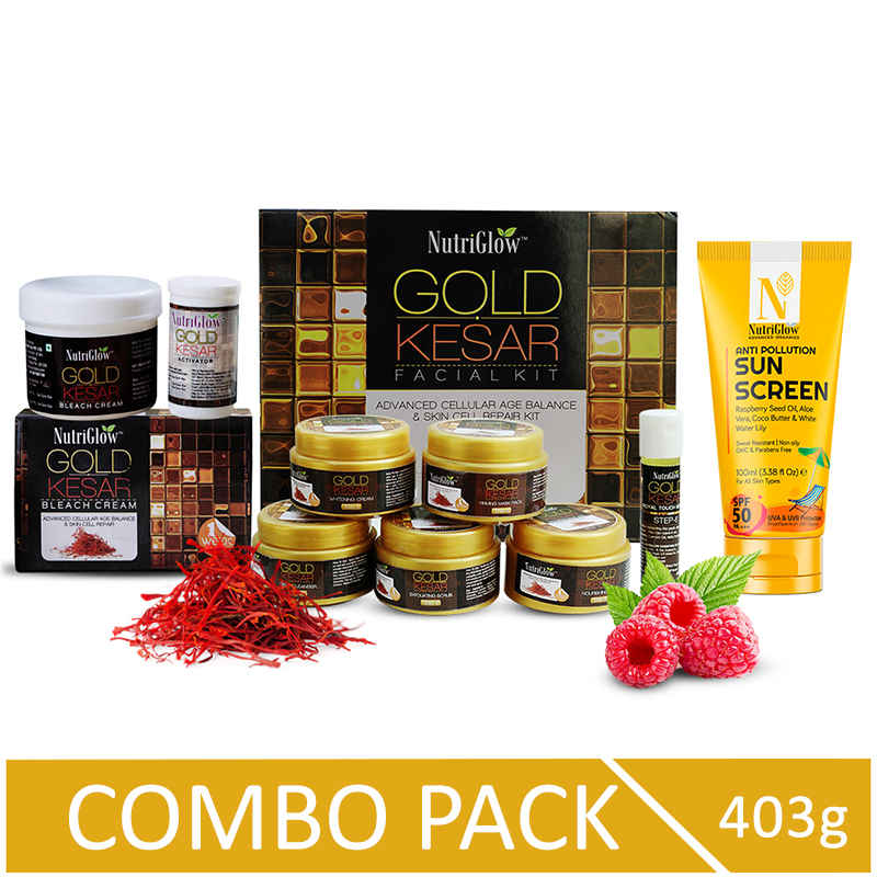 Buy NutriGlow Gold Kesar Facial Kit (260 gm)/ Bleach Cream (43 gm) and Advanced Organics Sun Screen SPF 50 (100 ml) - Purplle