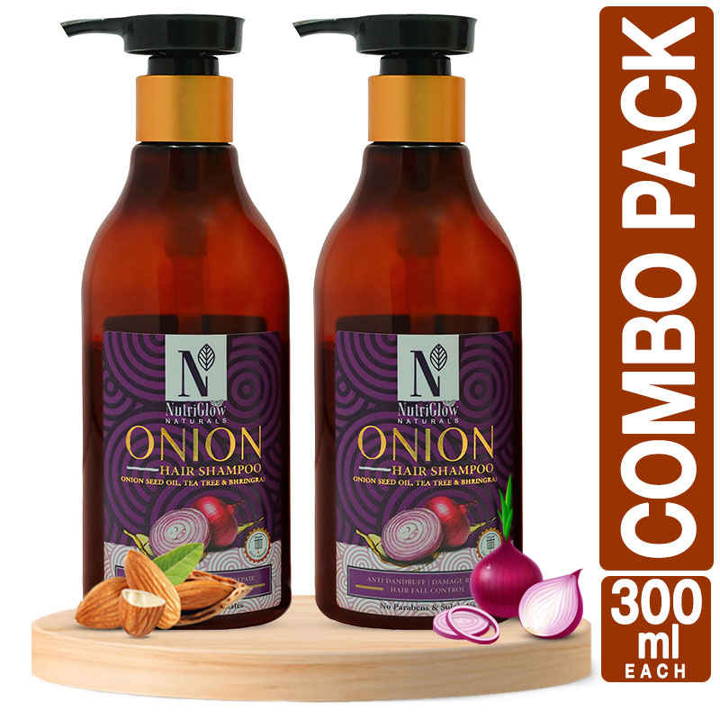 Buy NutriGlow NATURAL'S Set of 2 Onion Hair Shampoo With Onion Seed Oil, Tea Tree & Bhringraj, 300 ml each - Purplle