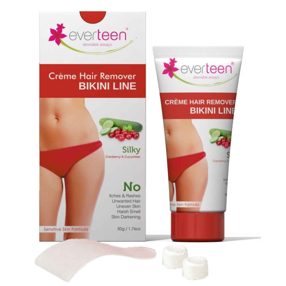 Buy everteen SILKY Hair Removal Cream with Cranberry and Cucumber for Bikini Line & Underarms in Women and Girls | No Harsh Smell, Skin Darkening or Rashes | 1 Pack 50 gm with Spatula and Coin Tissues - Purplle