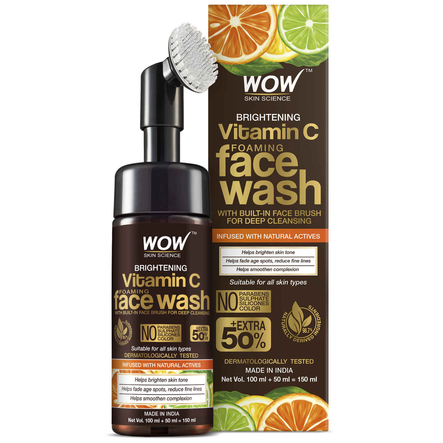 Buy WOW Skin Science Brightening Vitamin C Foaming Face Wash With Built-In Face Brush (150 ml) - Purplle