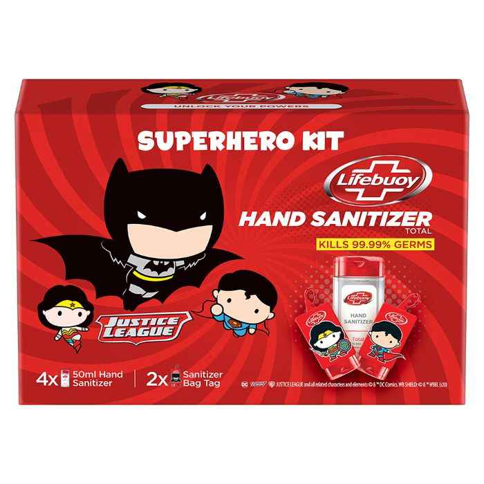 Buy Lifebuoy Hand Sanitizer Super Hero Kit | Anti Bacterial Alcohol Based Sanitizer | 4X50ml + 2 Bag Tags (Superman & Wonder Woman) - Purplle