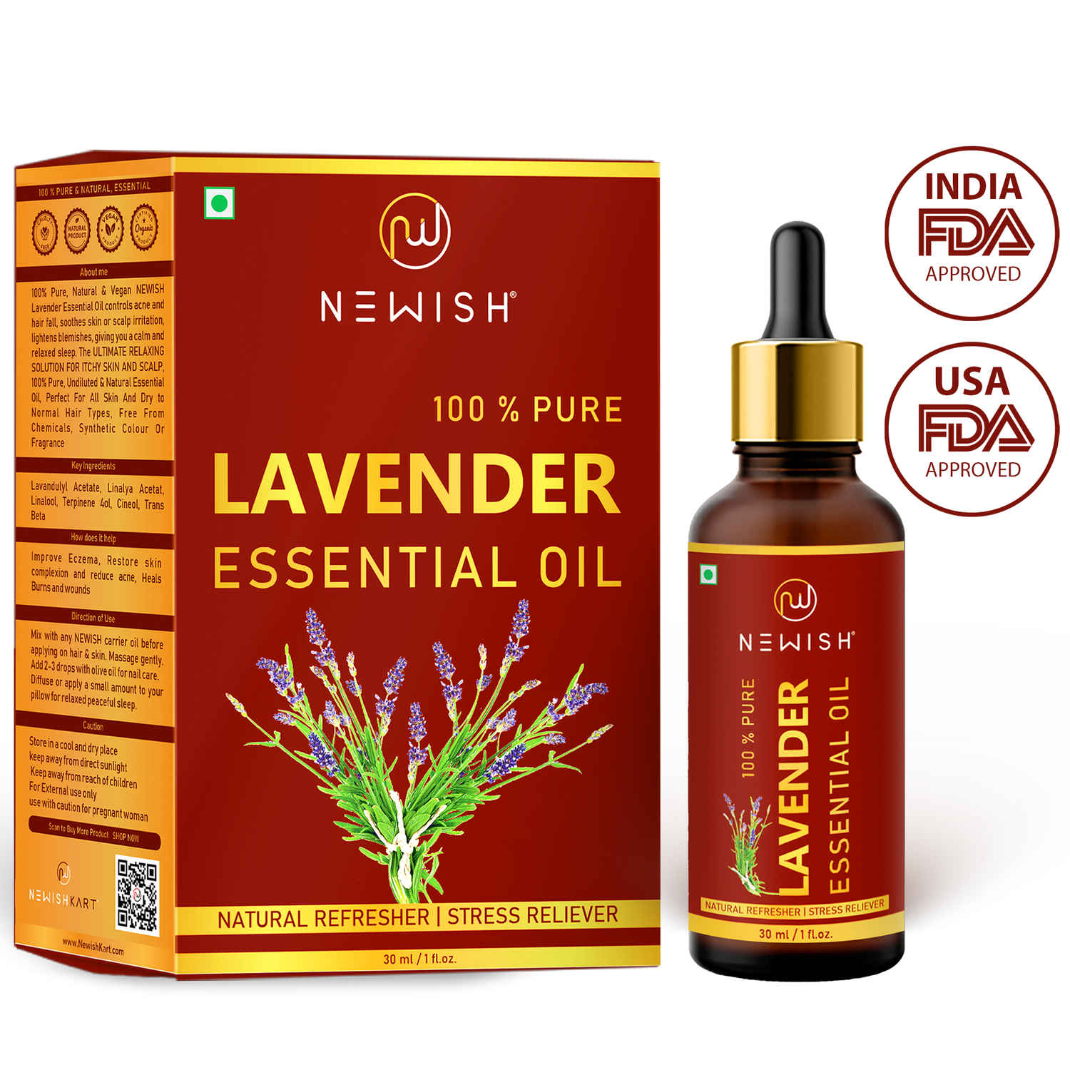 Buy Newish Lavender 100 % Natural Essential Oil Therapeutic Grade For Skin Hair And Acne Care& Diffuser 30 ml - Purplle
