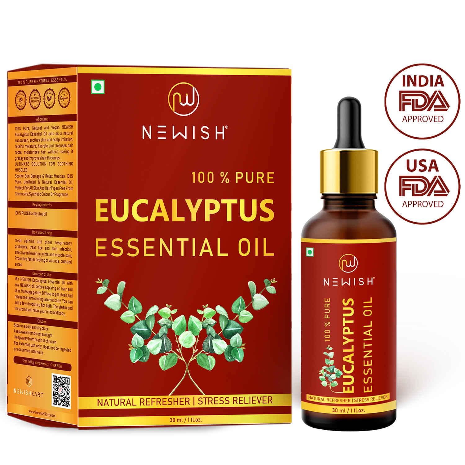 Buy Newish Eucalyptus 100% Natural Essential Oil Pure & Undiluted Therapeutic Grade, for Hair, Beard, Skin, Face and Diffuser 30 ml - Purplle