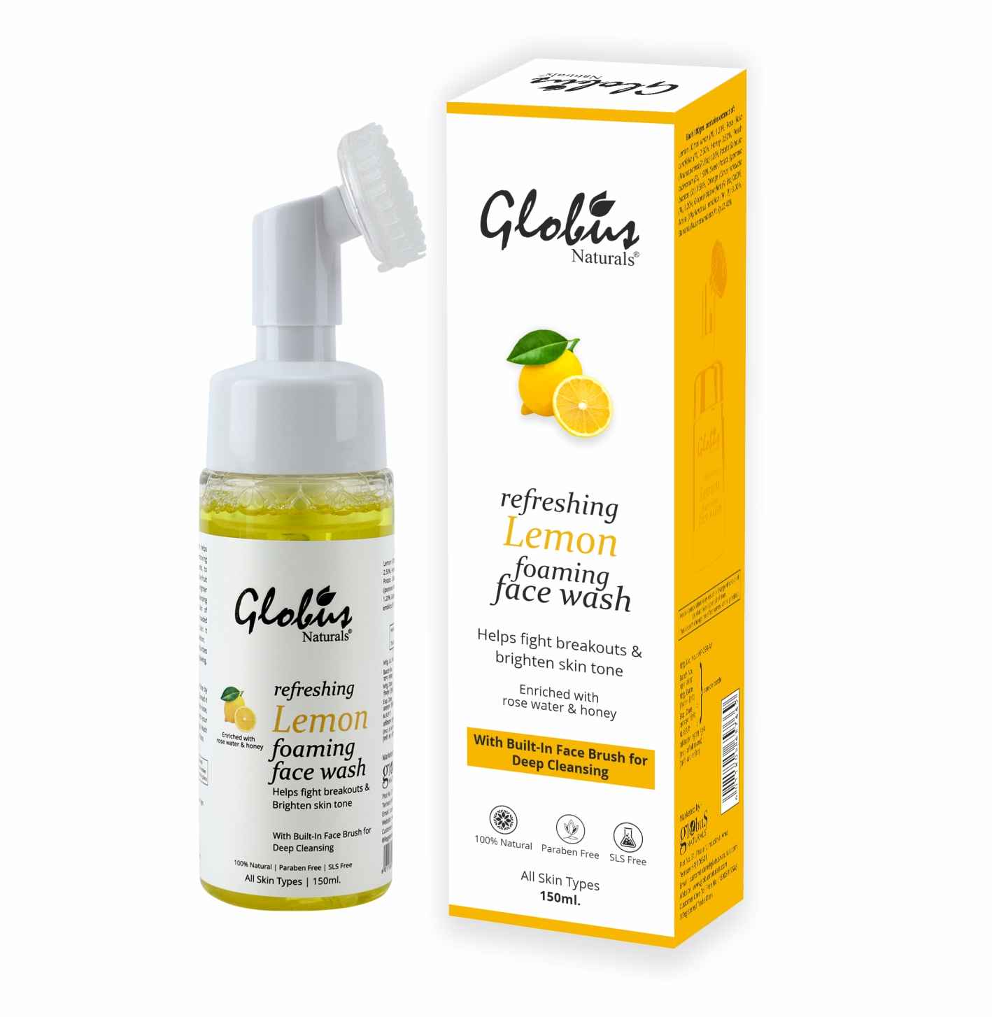 Buy Globus Naturals Refreshing Lemon Fairness Foaming Face Wash with Silicon Face Massage Brush (150 ml) - Purplle