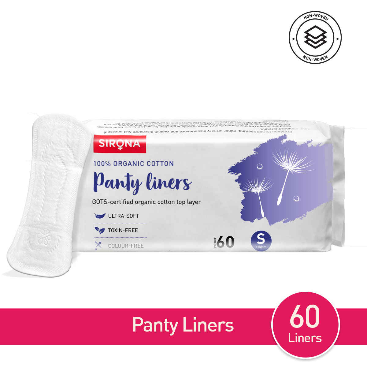 Buy SIRONA Ultra- Organic Cotton Panty Liners (Regular Flow) – 60 Counts - Small - Purplle