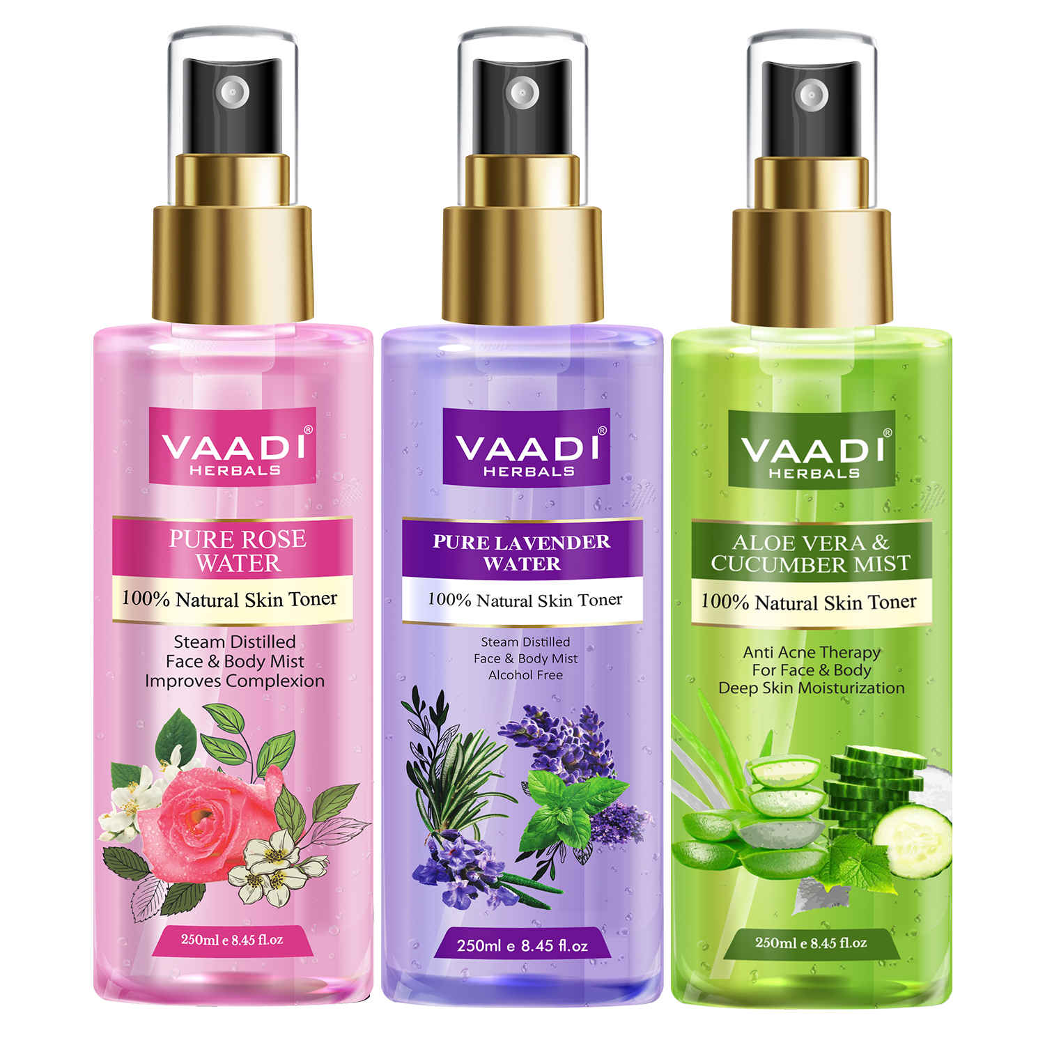 Buy Vaadi Herbals Pack of 3 Skin Toners - Rose Water, Lavender Water and Aloe Vera & Cucumber Mist - 100% Natural & Pure (250 ml x 3) - Purplle